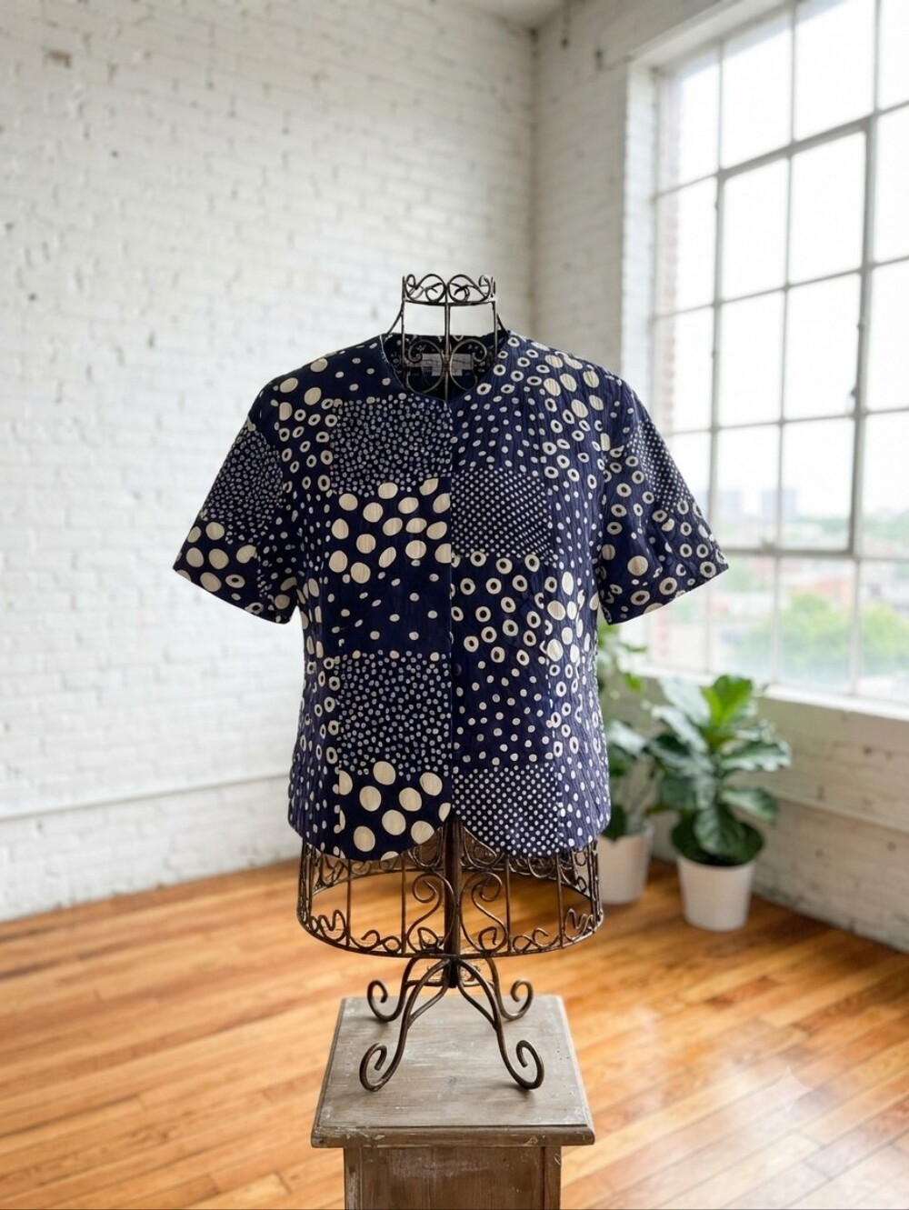 Anne CRIMMINS Navy & Cream Short-Sleeve Dot Patchwork JACKET 100% COTTON SZ 10